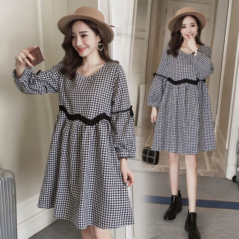 迪鲁奥（DILUAO)孕妇装春秋2021春装新款孕妇格子连衣裙韩版时尚大码宽松孕妇裙孕妇长袖上衣中长款孕妇连衣裙 图片色图片