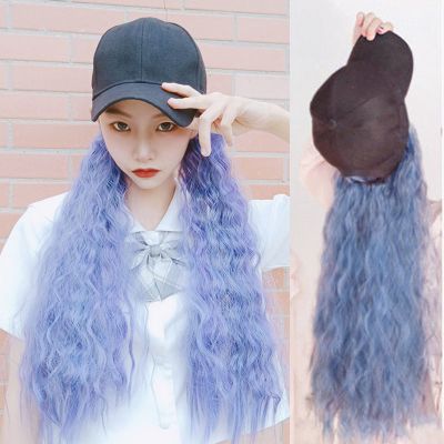烟灰蓝假发[黑色鸭舌帽] 玉米烫 雾霾蓝羊毛卷带帽子假发一体女夏时尚长卷发玉米烫大波浪全头套式