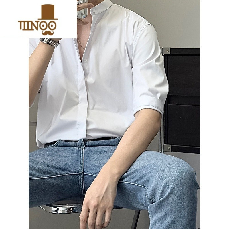 YANXU秋季潮牌男士立领长袖衬衫感新中式男装中国风修身七分袖衬衣