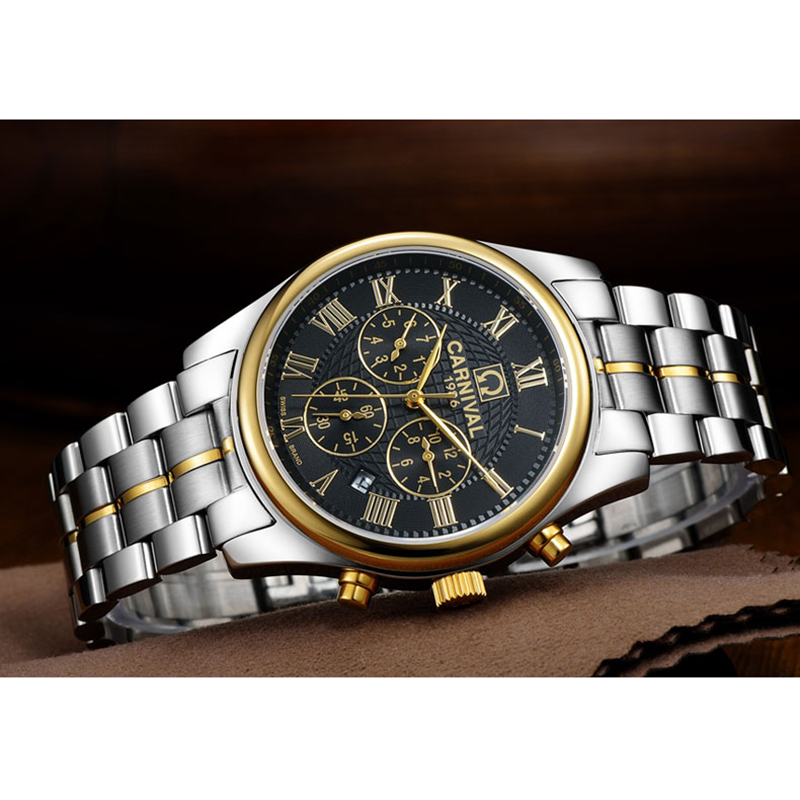 嘉年华CARNIVAL名匠运动手表男 全自动机械表 男士精钢带防水休闲男表正品休闲时尚金属蝴蝶扣腕表8827高清大图