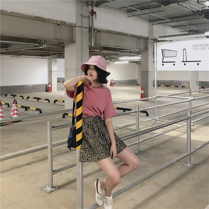 夏装女装2018新款韩版背后卡通印花宽松百搭学生圆领短袖T恤上衣 粉红色 均码