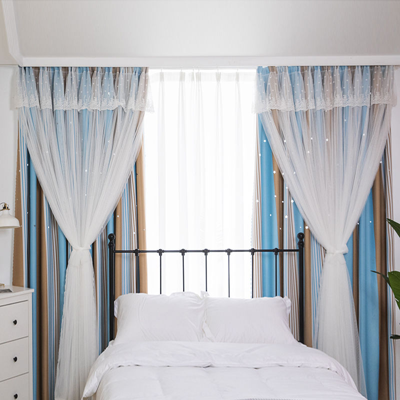 美帮汇2021新款镂空星星条纹遮光卧室客厅双层窗帘北欧现代简约 菲林琉璃蓝咖星 4宽*2.7高一片挂钩【可改短】