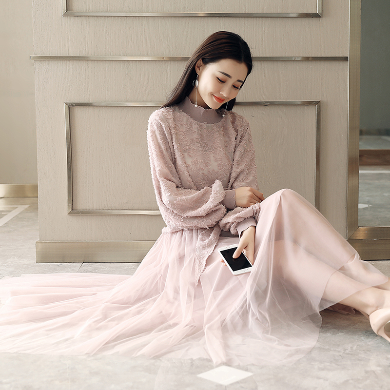 女士春季新品韩版套装女时尚气质雪纺显瘦中长款蕾丝连衣裙两件套