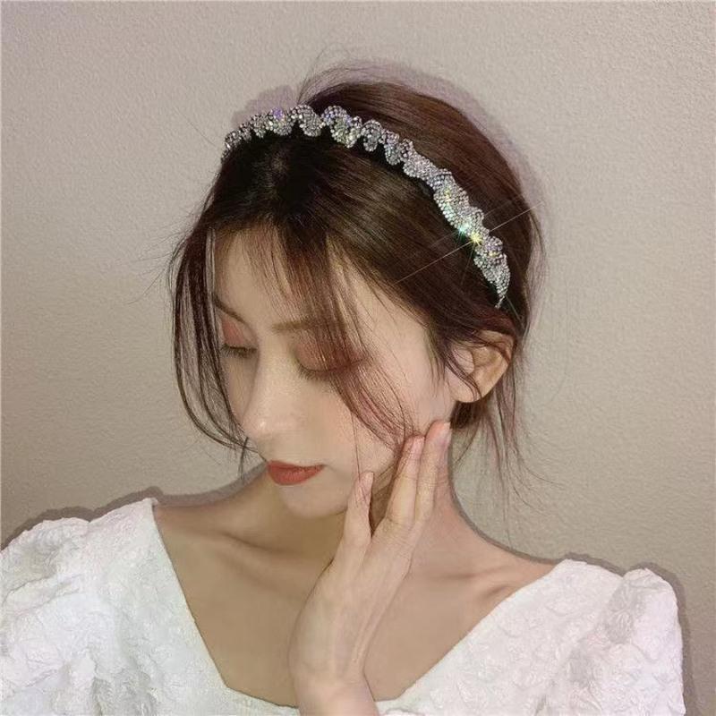 带钻发箍夏季高级感满钻发卡发箍大长发圈褶皱发夹发饰女边夹压发 闪BB夹亮银色[宽3厘米]
