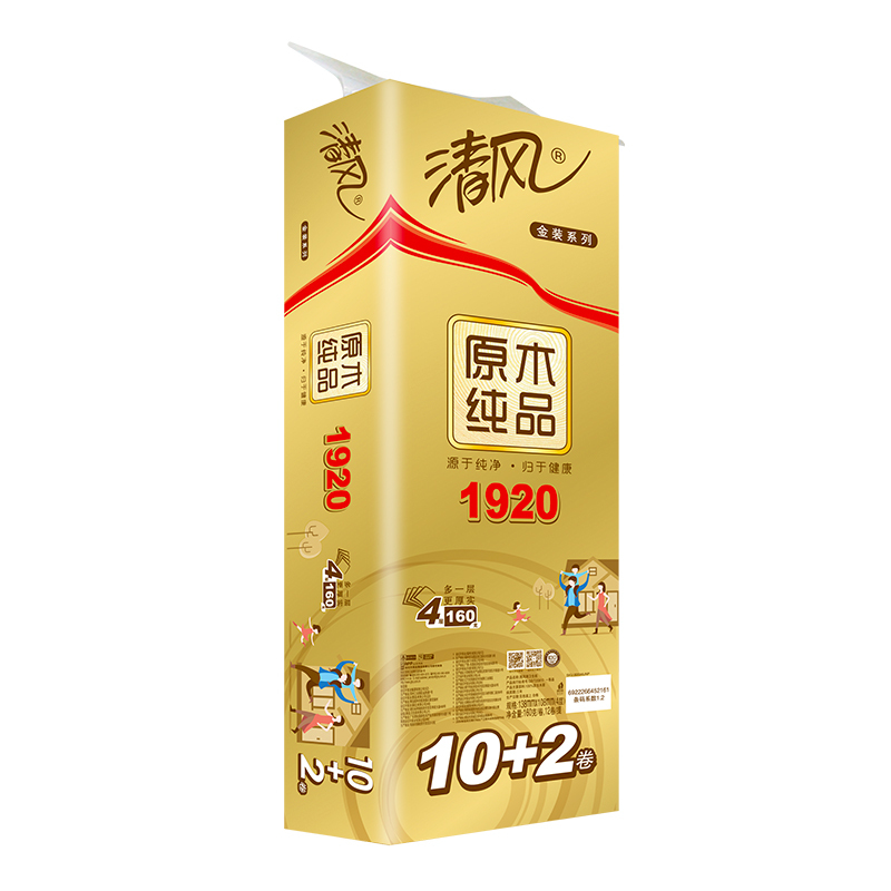 清风原木纯品金装4层卷纸160g*10卷(新老包装随机发货)
