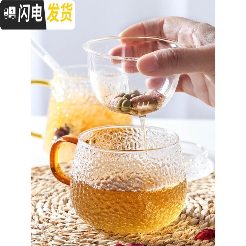 三维工匠水杯女耐热玻璃杯可高温带盖加厚办公室花茶杯带把带过滤网