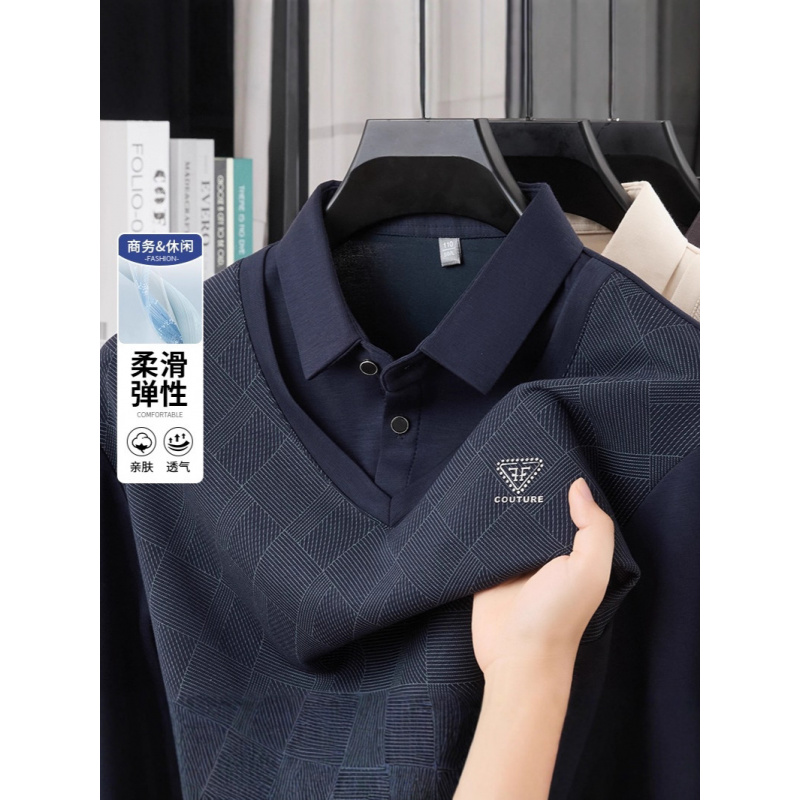 春秋长袖T恤中老年男士休闲套头打底衫秋季假两件爸爸装