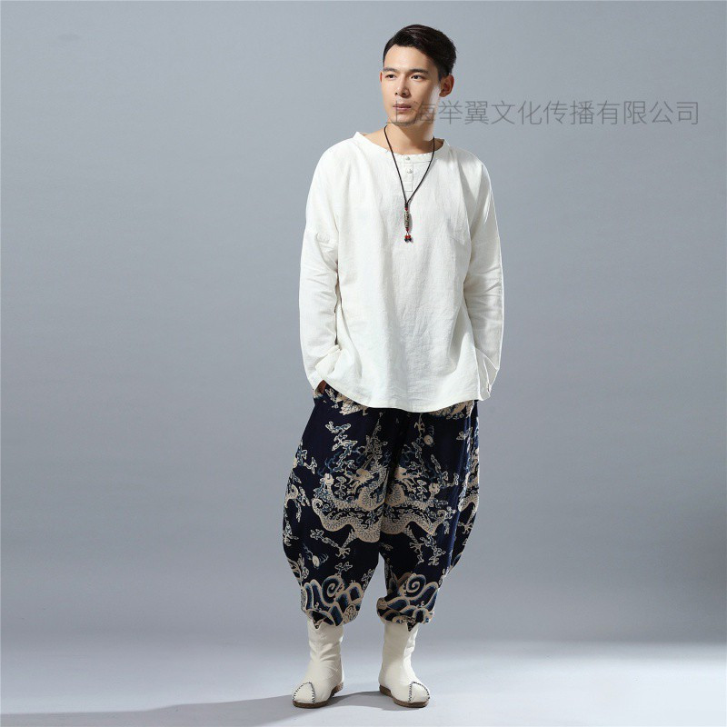 举翼王子2024新款民族风男裤休闲中国风印花吊裆裤宽松灯笼裤