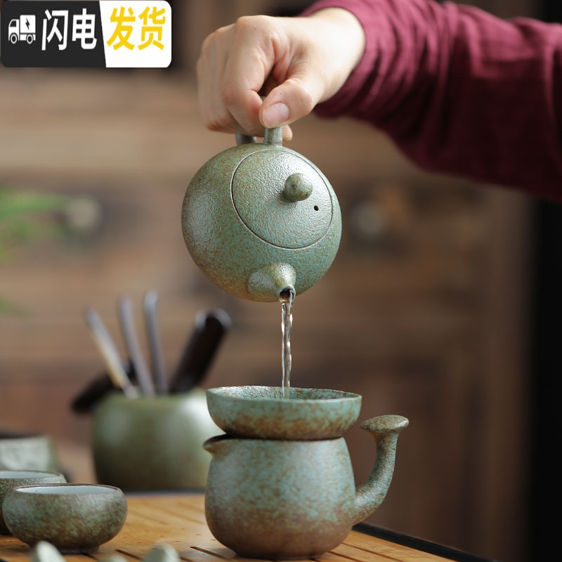 三维工匠粗陶功夫茶具套装客厅办公侧把茶壶茶杯套装家用简约现代整套日式 粗陶绿色西施壶13头+竹盘小罗汉杯