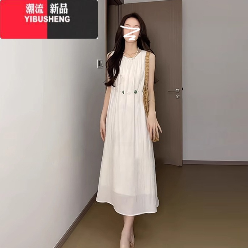 YIBUSHENG小个子无袖背心黄色连衣裙子女2024新款季法式气质遮肉显瘦长裙
