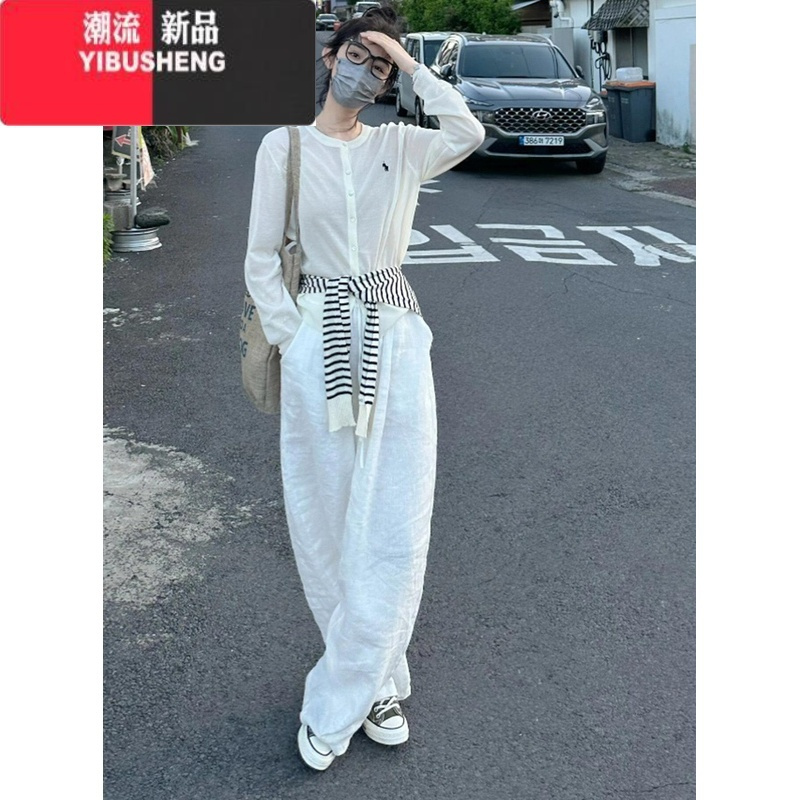 YIBUSHENG韩版hiphop白色亚麻高腰休闲裤女季宽松阔腿原宿风别致百搭长裤