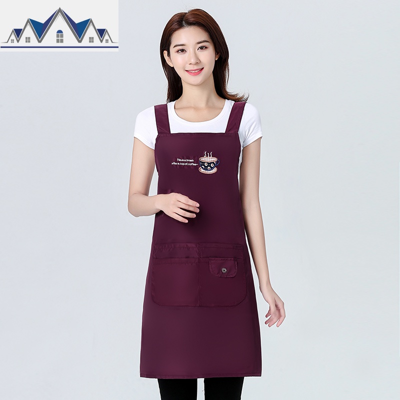 防水围裙女时尚厨房家用塑料水产专用工作服防油红色围腰做饭罩衣_318 紫色（刺绣图案）