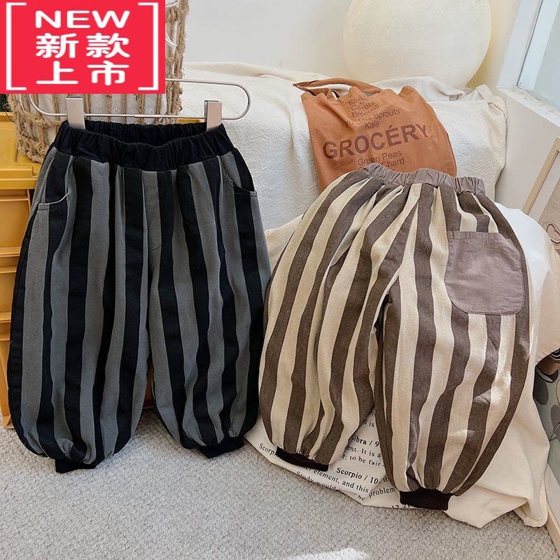 可莉允文艺范~韩版儿童双层加绒保暖灯笼裤冬装男童撞色竖条纹哈伦裤潮保暖裤图片