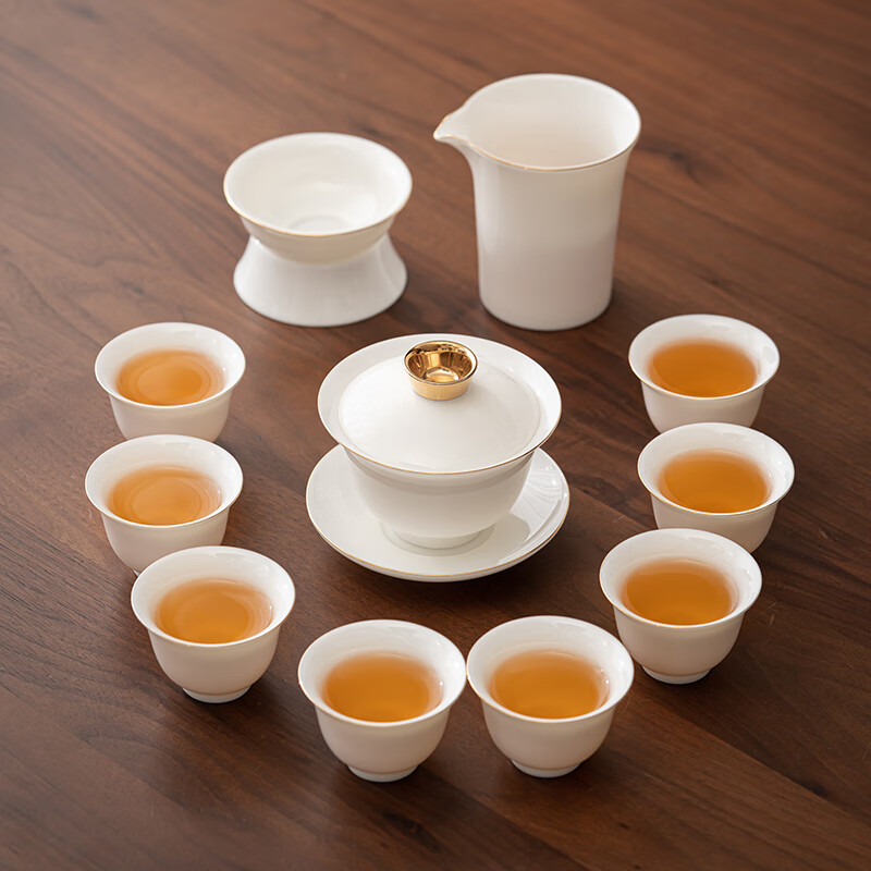 苏氏陶瓷/SUSHI CERAMICS J0861 描金羊脂玉茶具套装德化陶瓷三才盖碗礼盒装 (单位:盒)