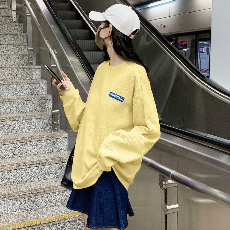 唐狮|圆领华夫格卫衣女春装新款硅胶标韩版时尚流行百搭ins 玉米黄 M