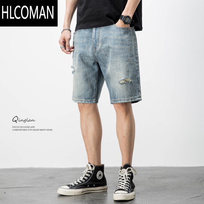 HLCOMAN破洞牛仔短裤男潮牌宽松大码直筒五分裤潮流休闲马裤夏季薄款中裤