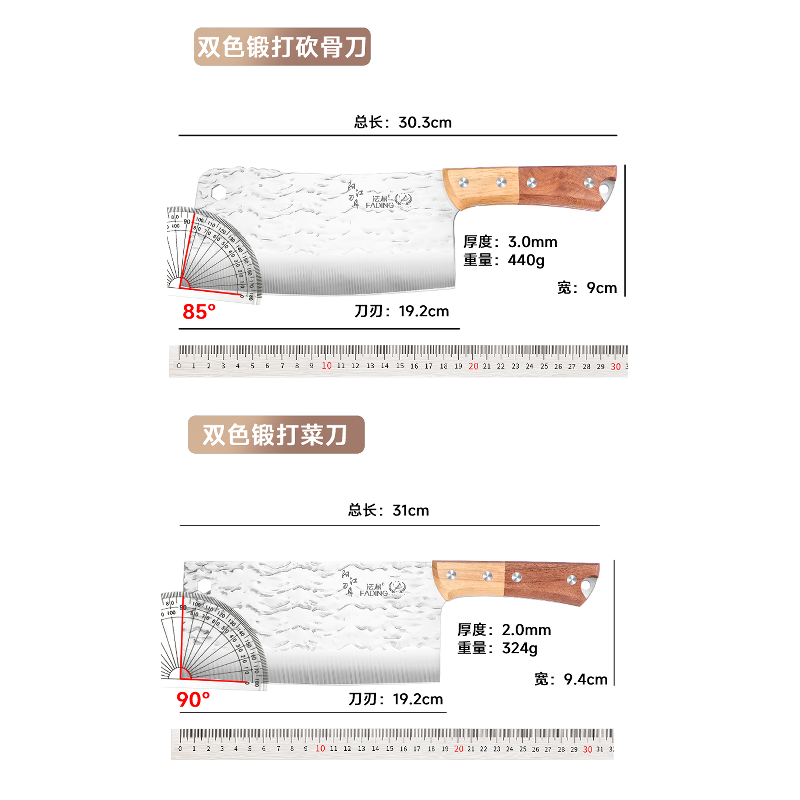 法鼎旗舰店正品锻打菜刀厨师专用斩切肉骨刀锋利切片切肉片刀1155高清大图