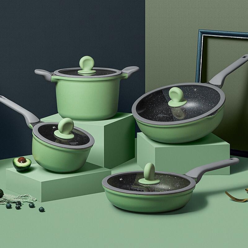 [新品]炊大皇不粘锅麦饭石色锅具套装炒锅家用锅两件四件套厨房全套锅具不粘锅组合燃气电磁炉锅 竹青石四件套(网红推荐)高清大图