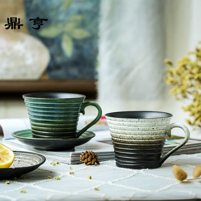 鼎亨艺隆轩日式单品咖啡杯带碟 粗陶条纹 咖啡店器具 纯手工制作