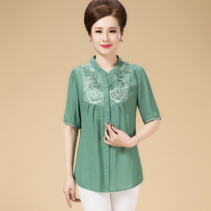 中老年女装夏装新款棉麻短袖t恤女宽松中年妈妈居家开衫短袖衬衫