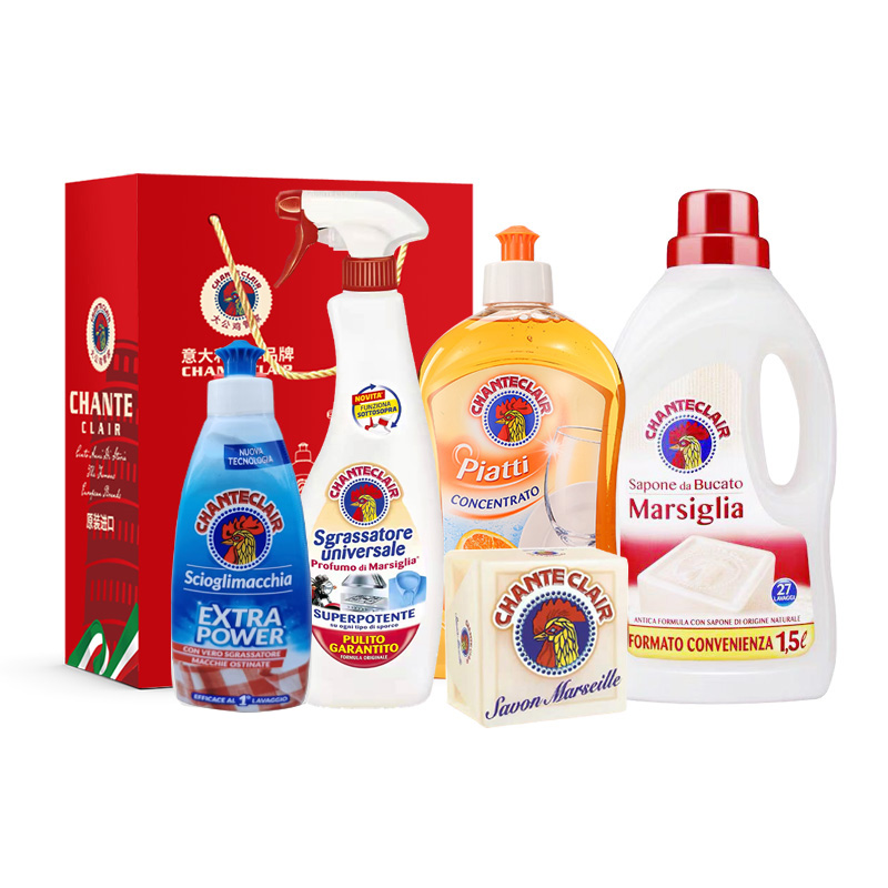 大公鸡管家五件套清洁剂红+香橙洗洁精+马赛皂+污渍克星+洗衣液600ml+500ml+300g+1500ml+375m