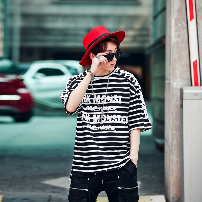 欧美高街帅气青年夜店男装夏季条纹印花宽松短袖t恤潮男街头嘻哈