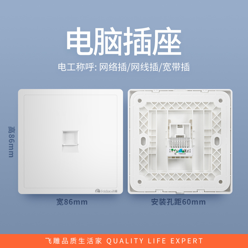 飞雕(FEIDIAO)开关插座 86型家用暗装超大面板PC支架 品意系列家用插座 品意白电脑插
