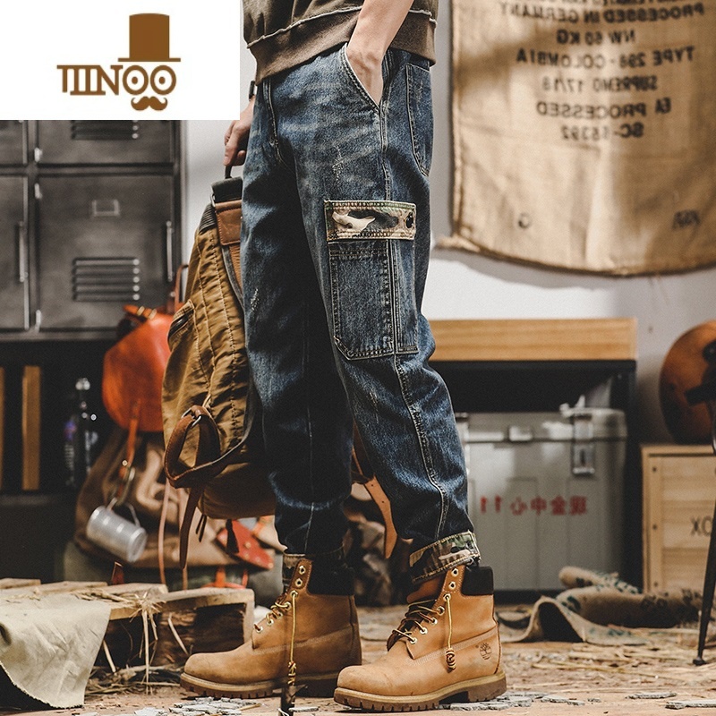 YANXU春季牛仔裤男款潮牌宽松直筒哈伦裤工装休闲水洗百搭男士大码长码高清大图