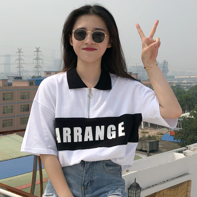 夏装女装韩版拼接字母印花T恤宽松短袖polo衫打底衫上衣体恤学生黑色均码