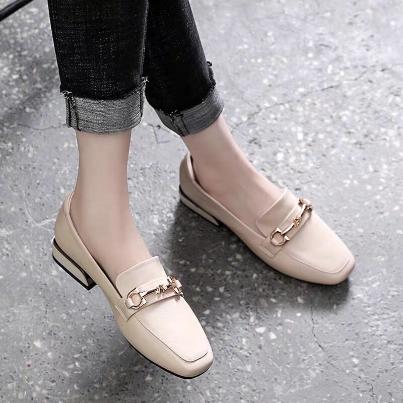 芮音百丽真皮单鞋女仙女风中跟方头乐福鞋粗跟女士皮鞋大码女鞋米色35