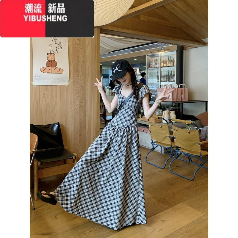 YIBUSHENG法式复古格纹撞色露背方领连衣裙女季气质收腰显瘦A字裙长裙子