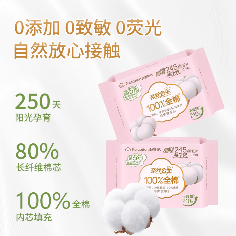 全棉时代(Purcotton) 奈丝公主超净吸全棉亲肤超薄日用 245mm12片*5包高清大图