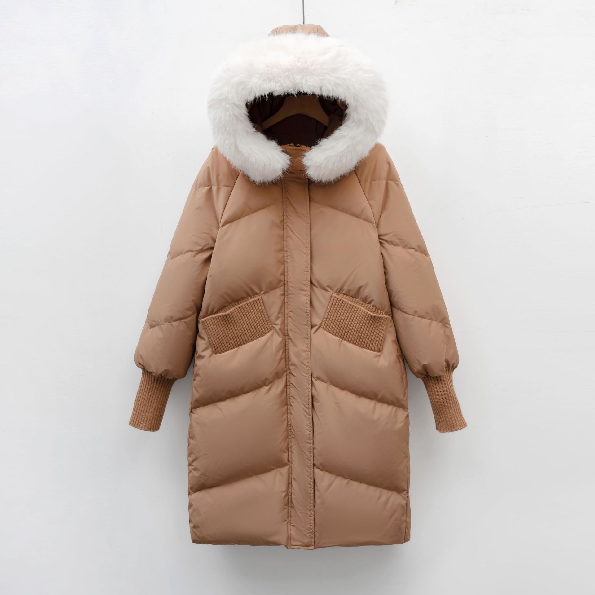 白鸭绒新款冬季保暖大毛领休闲宽松羽绒服女外套 卡其 XS