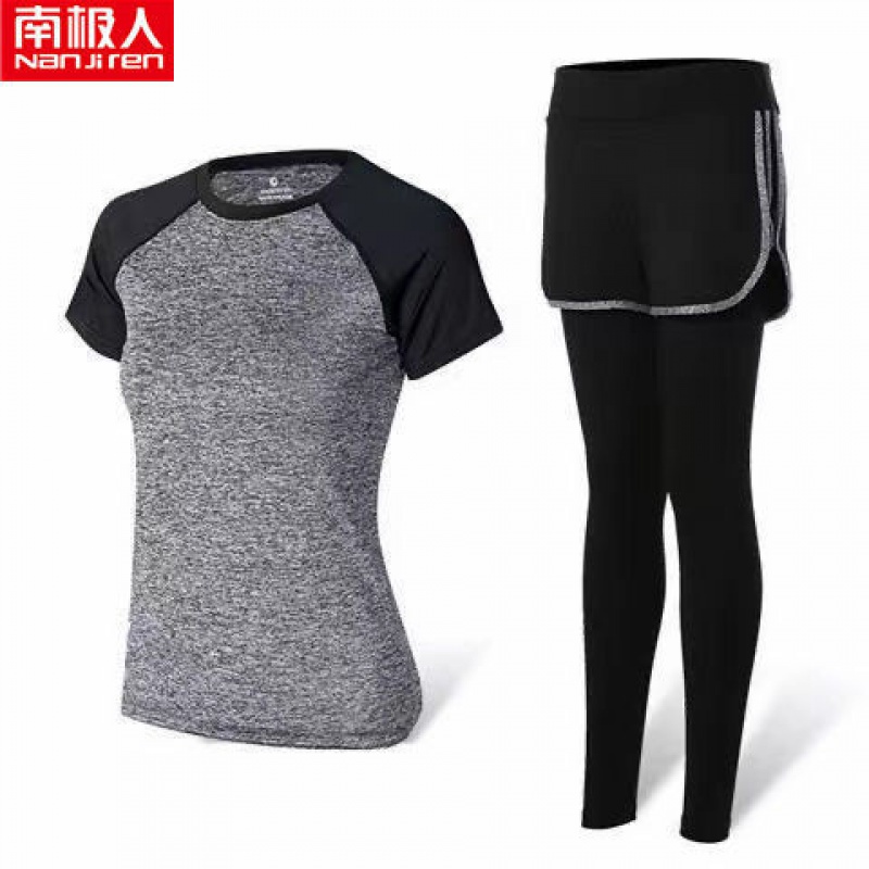 瑜伽服运动套装女春夏健身服跑步锻炼衣修身显瘦网红潮 黑袖麻灰【短袖+长裤】 XL【建议105-120斤】