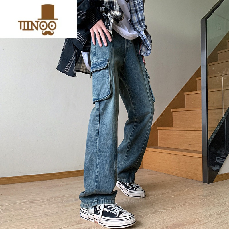 YANXU工装牛仔裤男2023年秋季宽松直筒感阔腿裤潮牌美式高街长裤裤高清大图