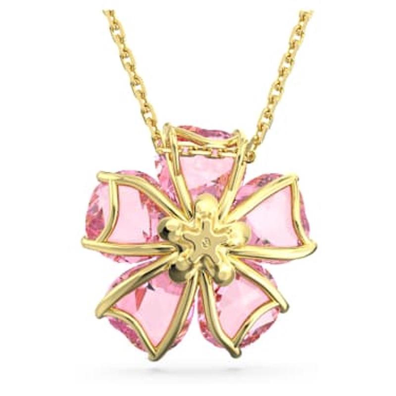 Swarovski女款时尚饰品 粉色水晶花朵项链 金色调滑动链坠
