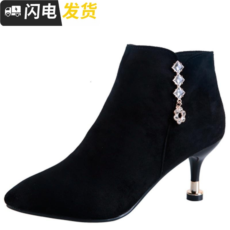 尖头短靴女细跟及裸靴瘦瘦靴女绒面高跟马丁靴2022新款短筒女靴子启如