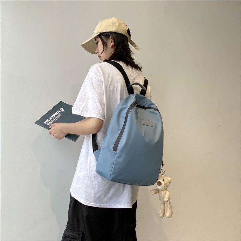 简约风韩版双肩包女纯色休闲百搭旅行背包大容量电脑包书包高中生|低调蓝 不加小熊挂件