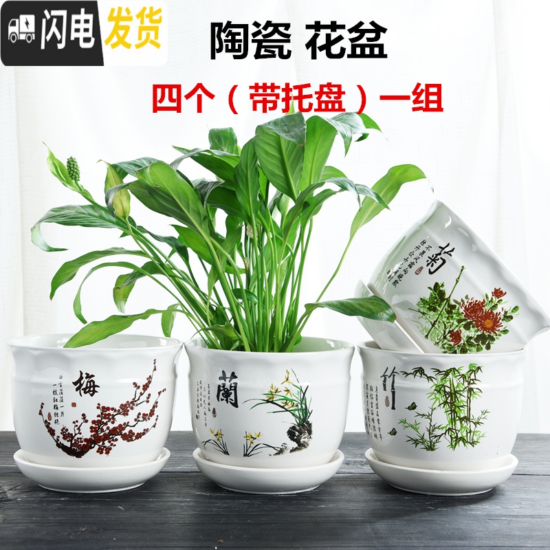 三维工匠多肉花盆陶瓷大号肉肉植物个性绿萝创意简约大口径小花盆 MLZJ组合4个带托盘 小花盆容器高清大图