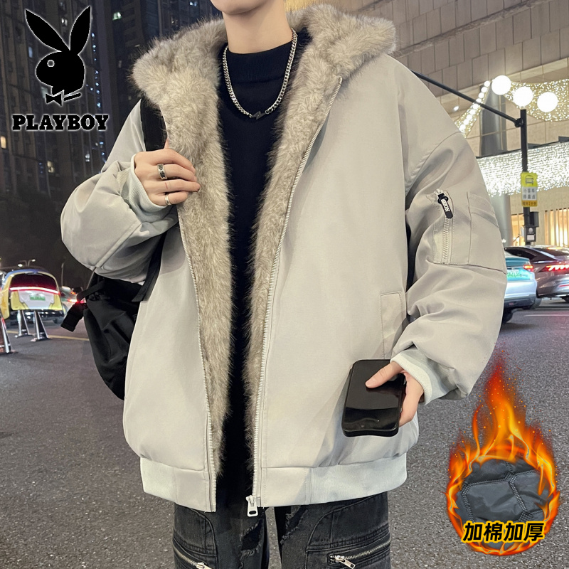 花花公子新款高品质冬季加棉加厚座山棉衣男港风潮流棉服 米灰 M