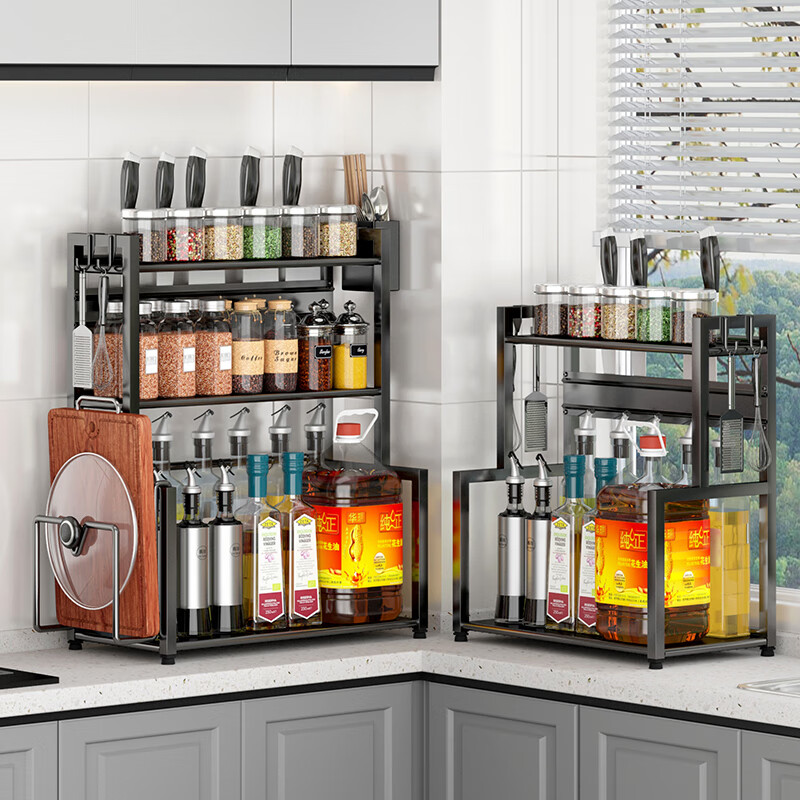 翰乐调料置物架【三层30带挡板】刀架+挂钩收纳调料调味置物架 调料置物架 多功能插刀槽