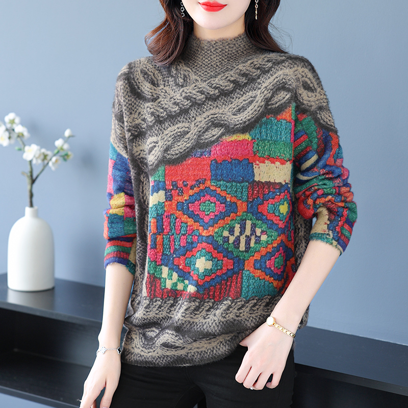 欧洲站设计高端印花半高领羊绒衫毛衣女士宽松春秋2024新款春秋装时尚洋气妈妈上衣针织衫打底衫羊毛衫套头毛衣女装