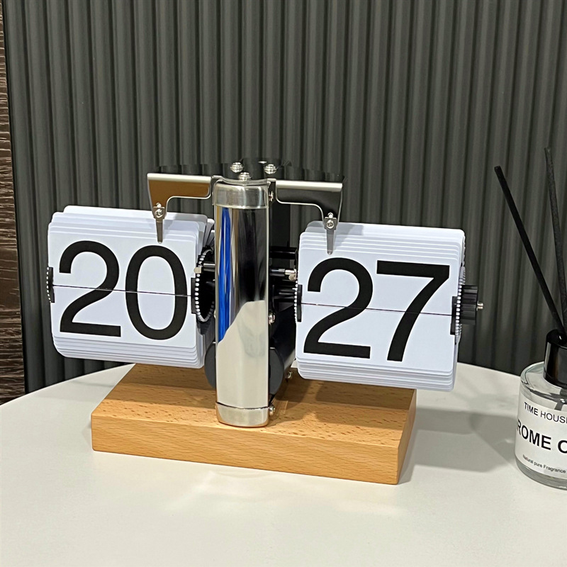 欧式自动翻页钟复古简约家居客厅座钟小天平机械自动翻页时钟【3】 榉木不锈钢24小时白页