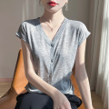 2025春夏女装新款V领无袖短款T恤薄款时尚百搭打底衫上衣飞袖短袖 M 柔雾灰