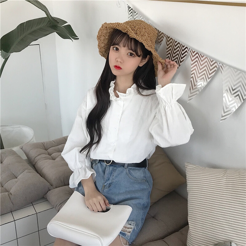 2018秋季新款港味木耳领长袖衬衫女韩范学院风花边宽松灯笼袖上衣 白色 均码