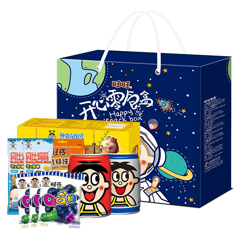 旺旺开心零食礼盒318g+490ml (旺仔QQ糖+旺仔牛奶+内赠儿童牵引包1只)