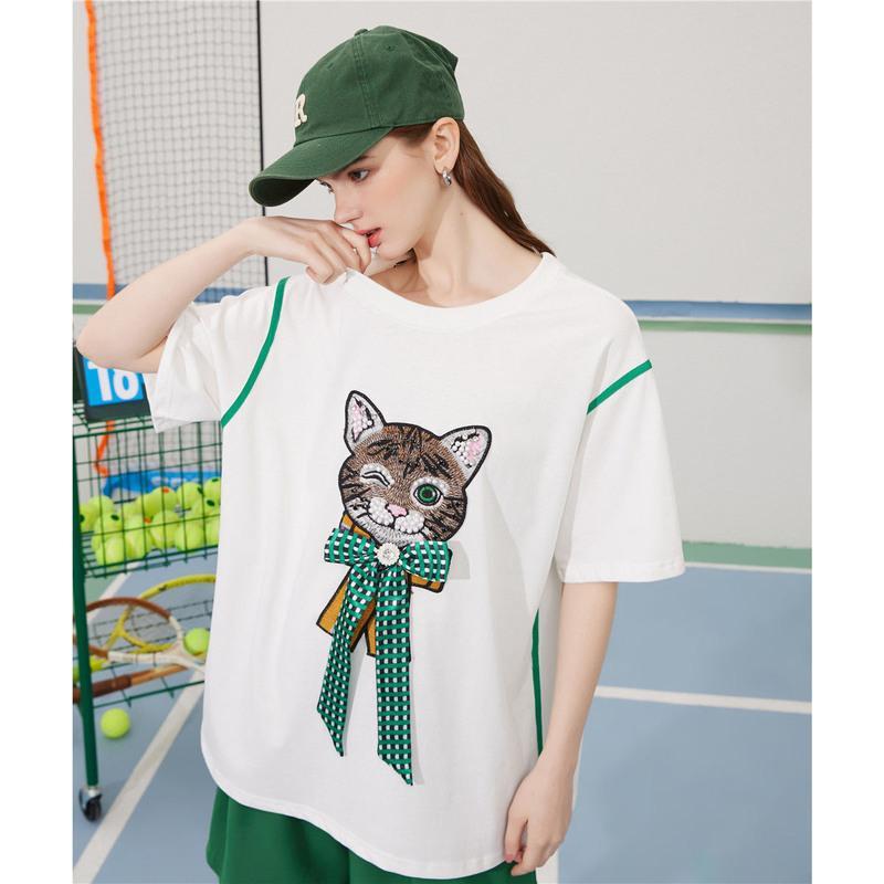 CACHE CACHE夏季新款宽松钉珠蝴蝶结刺绣猫咪时尚潮流短袖T恤
