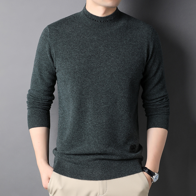 恒源祥青年男士100全羊毛衫厚潮时尚个性字母半高领男装毛衣服冬季