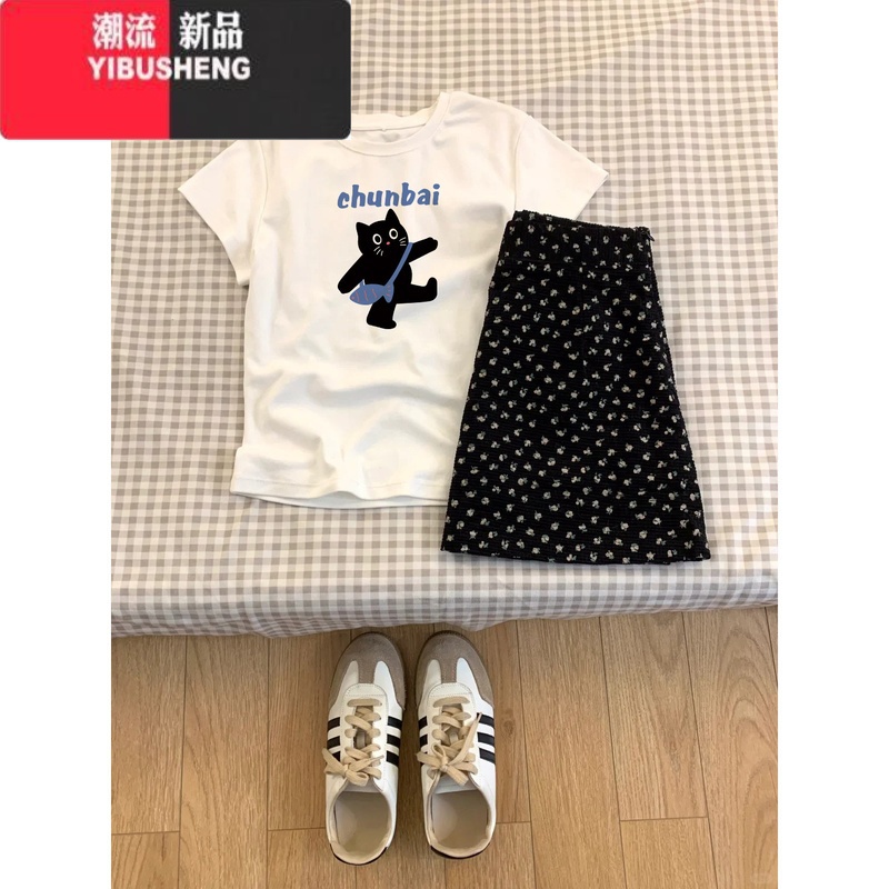 YIBUSHENG设计感小猫印花正肩短袖T恤女2024季休闲百搭宽松显瘦0短高清大图