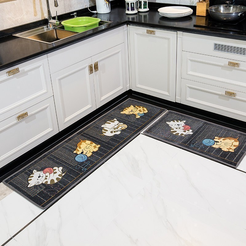 美帮汇厨房地垫吸油吸水防滑家用脚垫浴室定制垫防油垫子卧室地毯 毛线猫浅灰 45*150cm